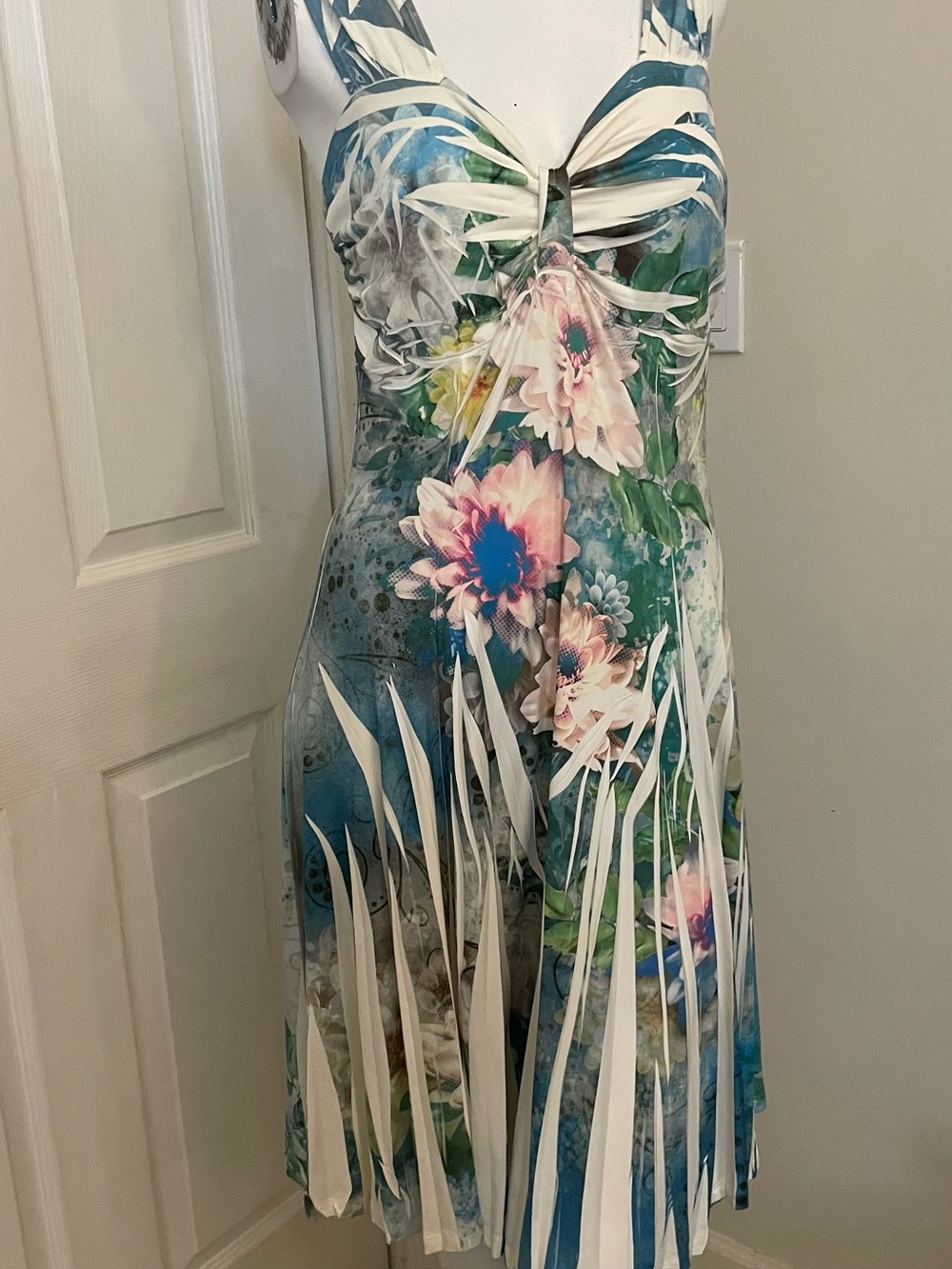 Floral Blue & White Midi Dress with Twist Front